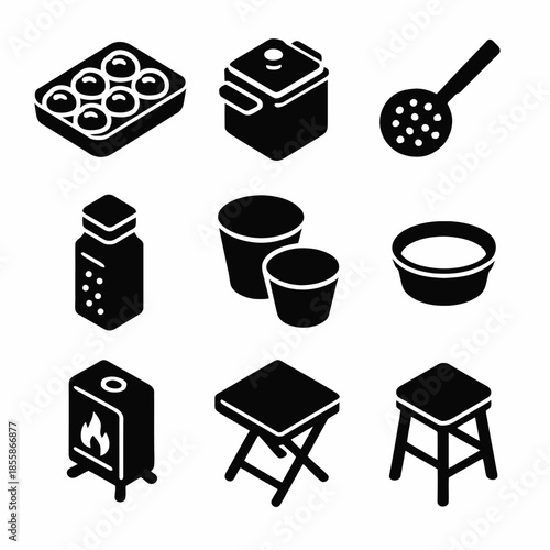 Kitchen and cooking equipment icons set in black and white format