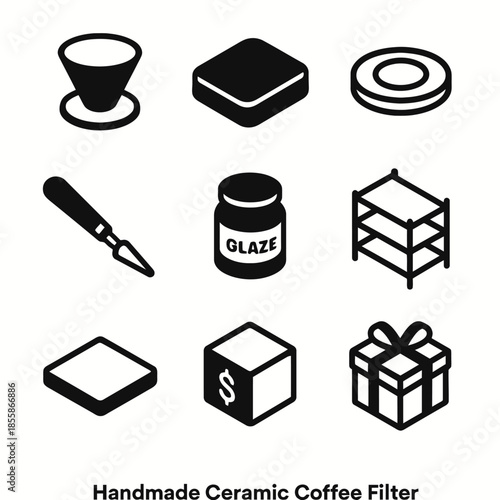 Icon set: coffee filter, glaze jar, gift box, and tools