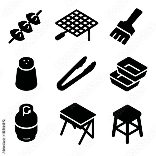 Bbq icons: skewers, grill, brush, salt, tongs, containers, propane, table, stool