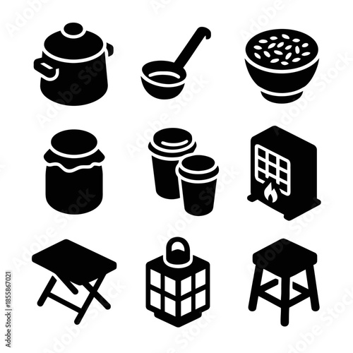 Set of black kitchen and furniture icons including pot, ladle, cup, and stool