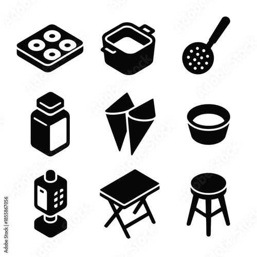 Collection of nine black kitchen and furniture icons in grid layout