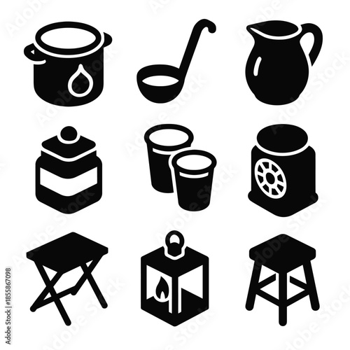 Black icon set: kitchen utensils, furniture, beverage items