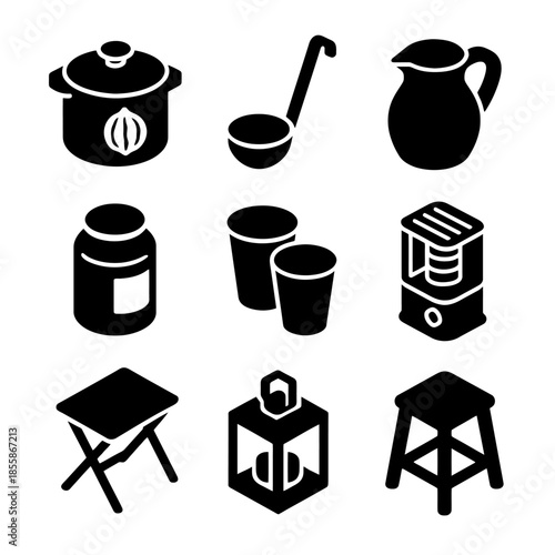 Silhouettes of kitchen items: cookware, utensils, appliance, table, stool
