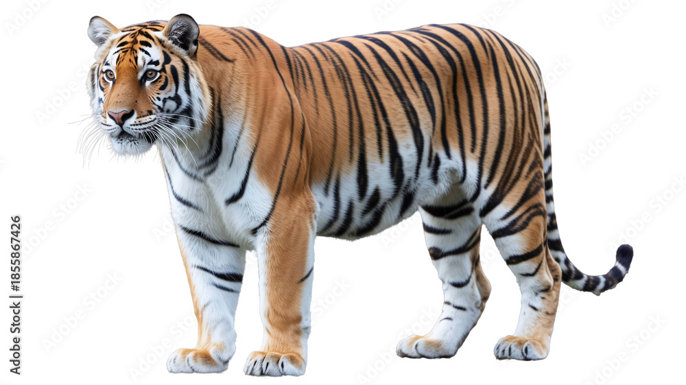 Fototapeta premium Majestic Bengal Tiger Standing and Looking Sideways, Wild Animal Isolated on a transparent background 