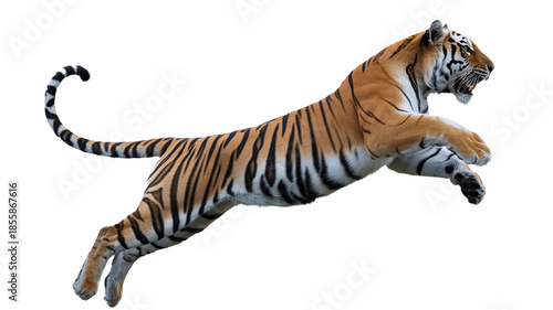  Powerful Bengal tiger jumping in mid-air isolated  on a transparent background 