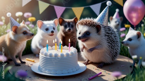 Cute Animal Birthday Party with Cake and Balloons
