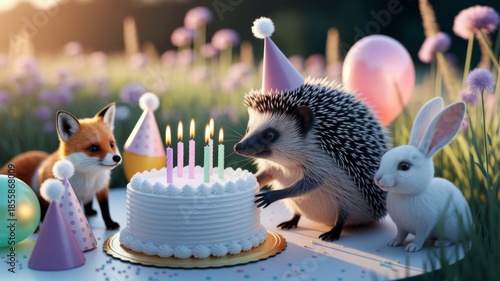 Cute Animal Birthday Party with Cake and Balloons