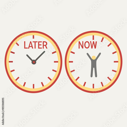 Procrastination Concept With Clocks Showing Later Versus Now, Time Management Strategy And Decision Making