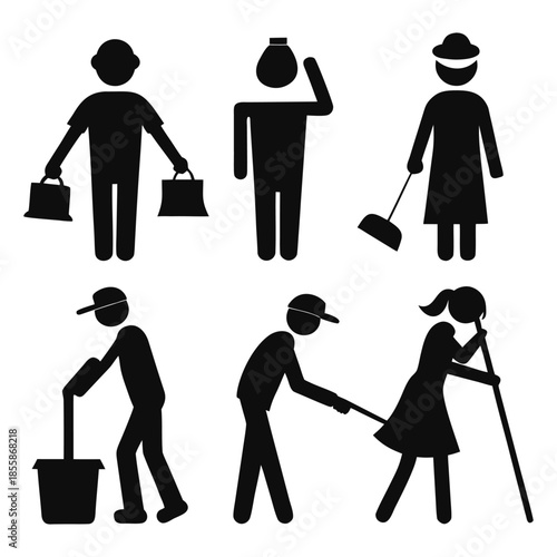 vector silhouettes of cleaning man set on white background