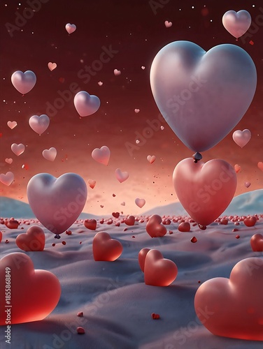 A vibrant celebration of love featuring red heart shaped balloons and pink vector illustrations set against a blue pattern for a romantic Valentine's Day holiday card design