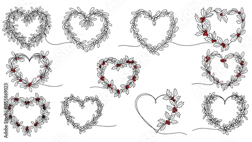 Heart Shaped Christmas Wreath Continuous Line Art, Romantic Holiday Decoration Vector