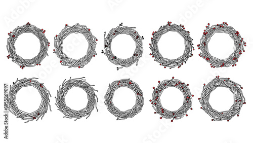 Rustic Christmas Wreath Continuous Line Drawing, Farmhouse Twig and Berry Vector