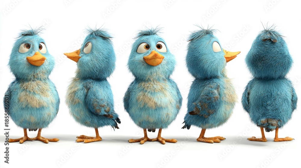 Naklejka premium Cartoon Blue Bird Character in 3D Render with Fluffy Feathers, Yellow Beak and Feet, Expressive Eyes, and Playful Tuft