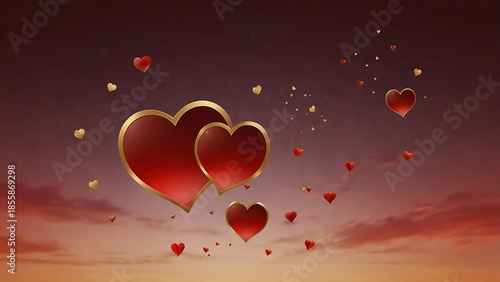 Red heart shaped balloons float peacefully against a clear blue sky