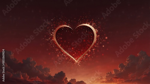 Romantic Valentine's Day illustration featuring a red heart symbol in the snow and sky with pink light for a holiday celebration card or wedding design