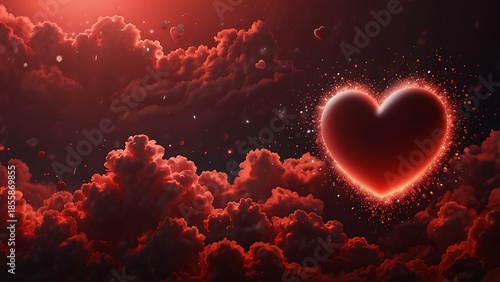 A vibrant red heart shape glows as a romantic symbol of love and passion against the dark night sky, creating a bright Valentine decoration with a cloud illustration for a holiday card design