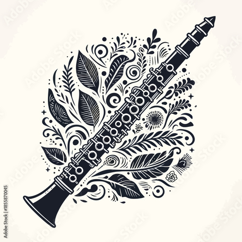 Black and white illustration of a clarinet surrounded by floral patterns and leaves on a beige background vector