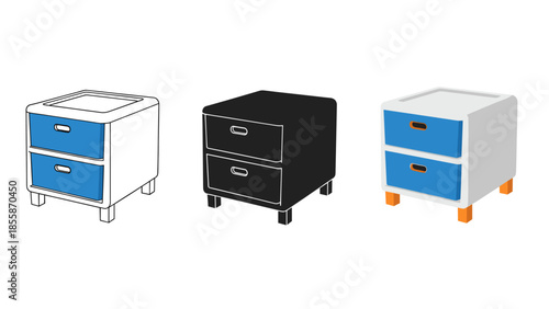 Three different colored nightstands with two drawers Vector