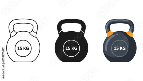 Three different kettlebells weighing 15 kg each Vector