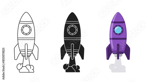 Set of three rocket ship illustrations in different styles Vector