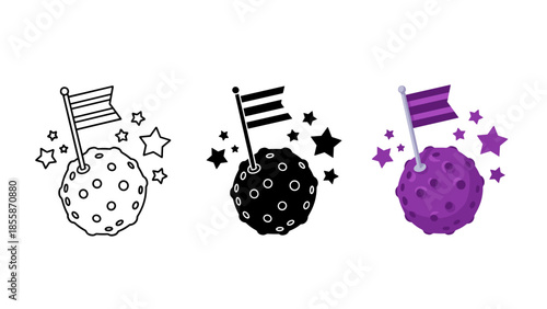 Moon with flag planted on it surrounded by stars in different colors Vector