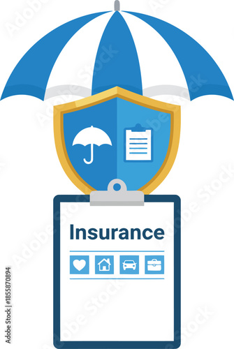 Blue umbrella and shield symbolizing comprehensive insurance policies for health home and auto coverage