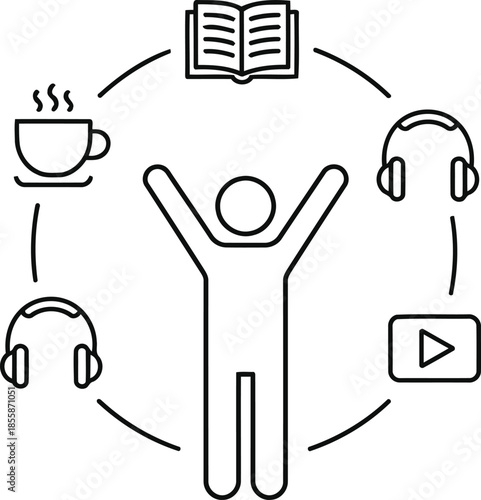 A person embracing a balanced daily routine involving reading coffee music and digital content consumption
