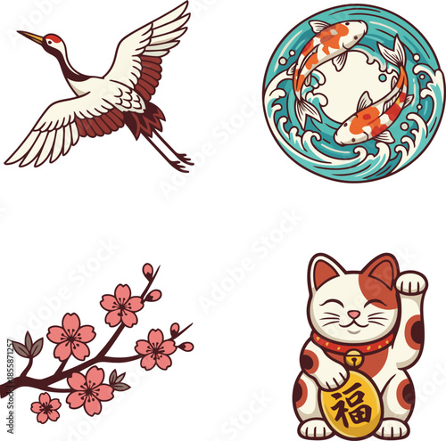 Iconic traditional Japanese cultural symbols representing nature prosperity and good fortune
