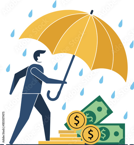 An individual protects important monetary wealth with an umbrella during a stormy downpour