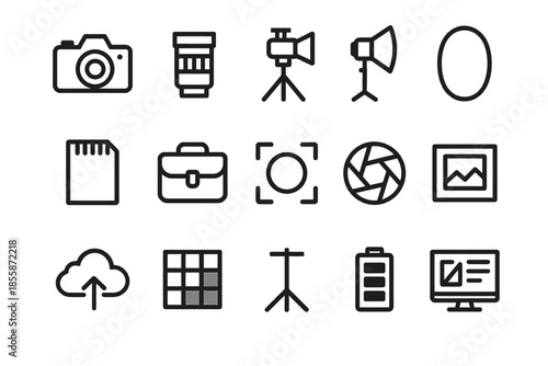 Photography equipment icons: camera, lens, tripod, lighting, battery, cloud storage