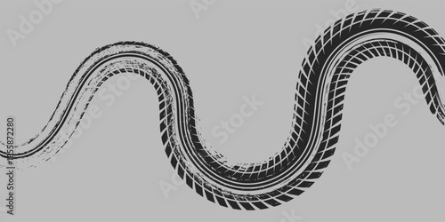 Tire trace track. Abstract wheels braking distances, tread silhouettes brushes. Isolated car or motorcycles vector trails. eps10 vector
