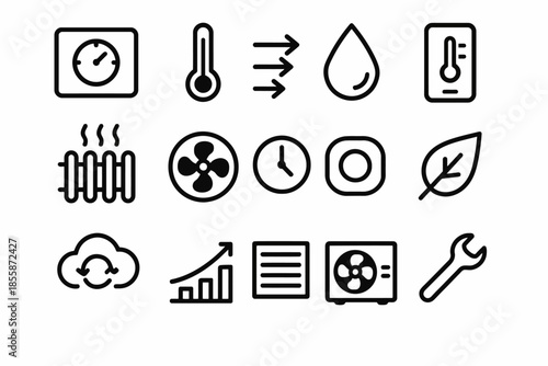 Climate control and hvac icons: thermometers, fans, radiators, drops, and tools