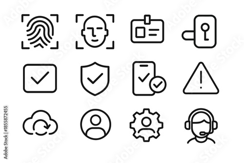 Biometric security icons: fingerprint, facial recognition, id, shield, alert, support