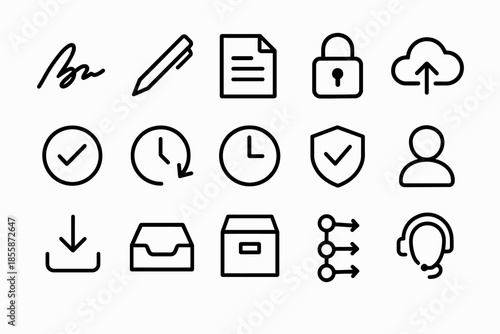 Set of office and communication icons: lock, cloud, document, headset, person, timer, security, upload