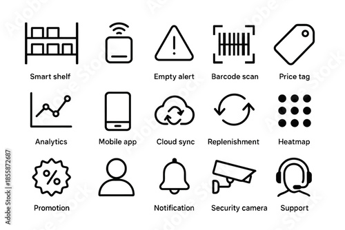Retail technology icons: smart shelf, barcode scan, mobile app, security camera, cloud sync