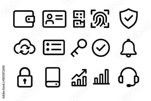 Digital security and finance icons: wallet, id, fingerprint, shield, cloud, key, lock, analytics
