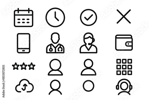 Set of 16 simple line icons including calendar, clock, checkmark, and people symbols