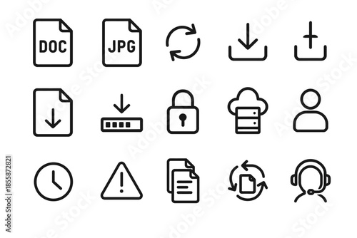 Set of file and cloud icons including download, sync, and security symbols