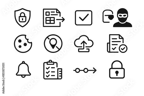 Security and data management icons overview with privacy symbols and cloud elements