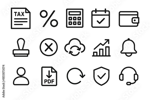 Finance and business icon set including tax, calculator, wallet, and cloud symbols