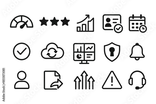 Set of business and communication icons with analytics, security, and cloud elements