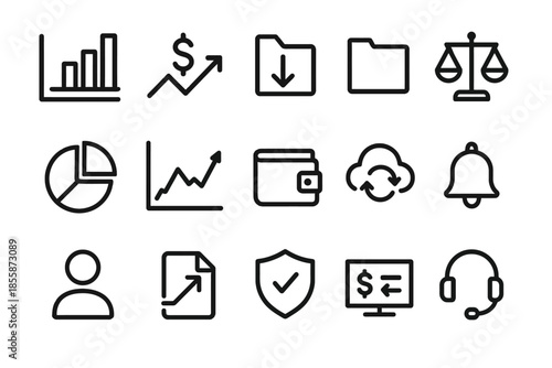 Business and finance icons set: graphs, folders, wallet, cloud, bell, scale, security, support