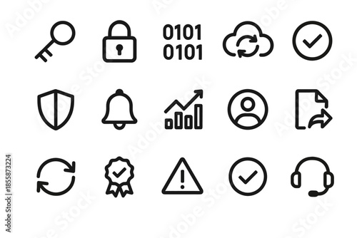 Set of 15 minimalist security and technology icons in black outline style