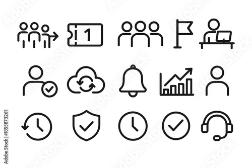 Minimalist icons: time management, productivity, communication, and collaboration symbols