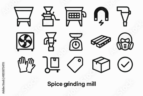Icons of spice grinding mill equipment and accessories