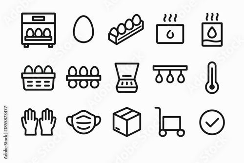 Egg incubation and safety icons: incubator, thermometer, mask, gloves