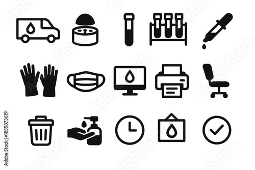 Medical equipment and safety icons: gloves, masks, test tubes, sanitizer, lab tools