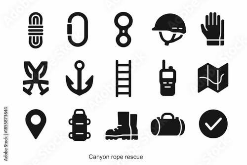 Canyon rope rescue icons: gear, safety, navigation, communication