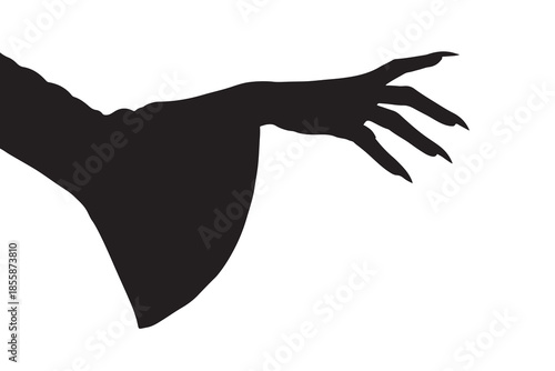 A chilling silhouette of a witch's hand with sharp claws emerging from a dark sleeve
