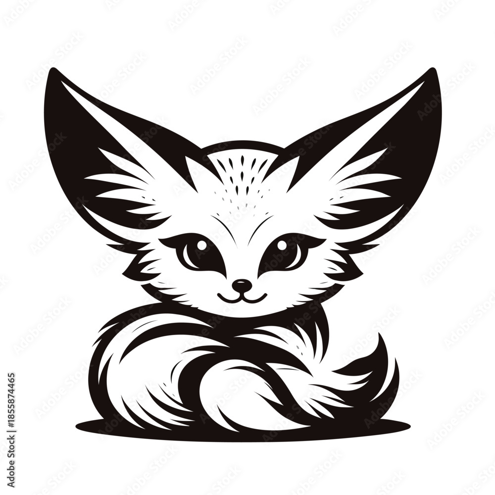 Obraz premium Black and white illustration of a cute fennec fox on white background vector